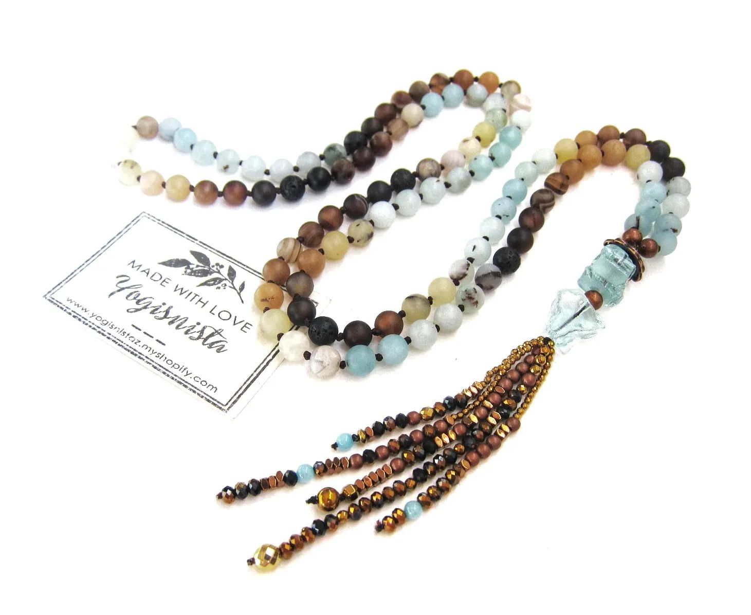 108 Beaded Mala in Matte Amazonite, Brown Line Agate, Blue Quartz Tassel Necklace