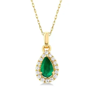 10K Yellow Gold Emerald And Diamond Halo Pendant Necklace