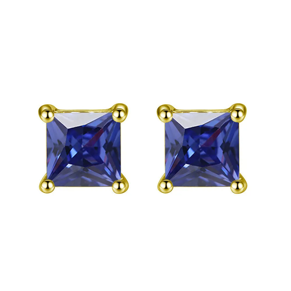 10k Yellow Gold Plated 1 Carat Square Created Blue Sapphire Stud Earrings