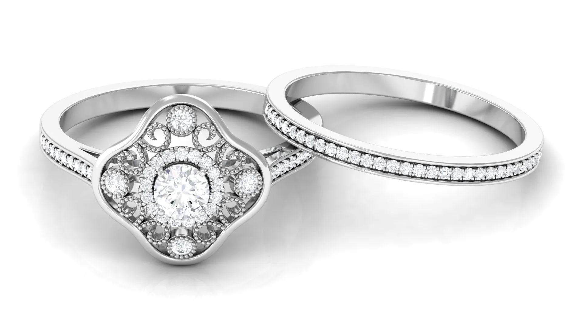 1/2 CT Statement Diamond Engagement Ring Set with Straight Band