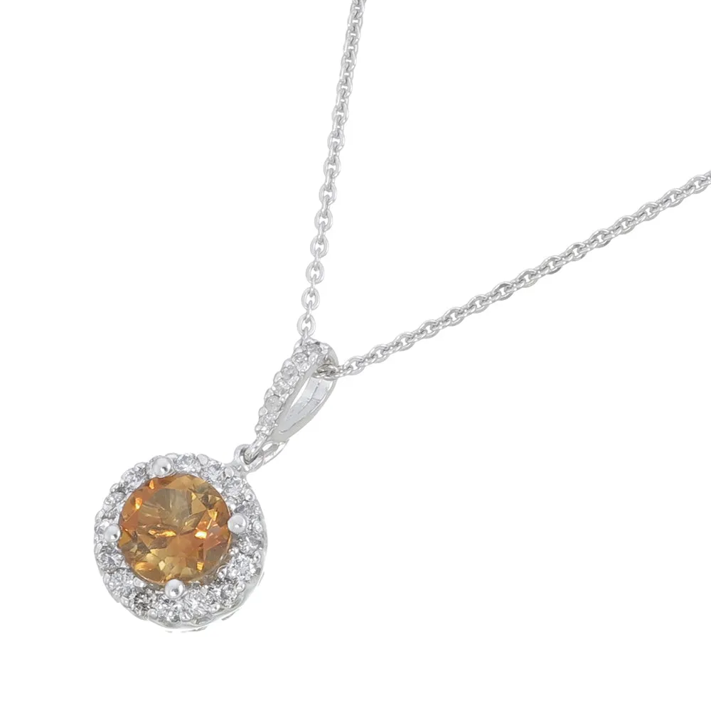 1.35 cttw Diamond Pendant, Citrine and Diamond Halo Pendant Necklace for Women in 14K White Gold with 18 Inch Chain, Prong Setting