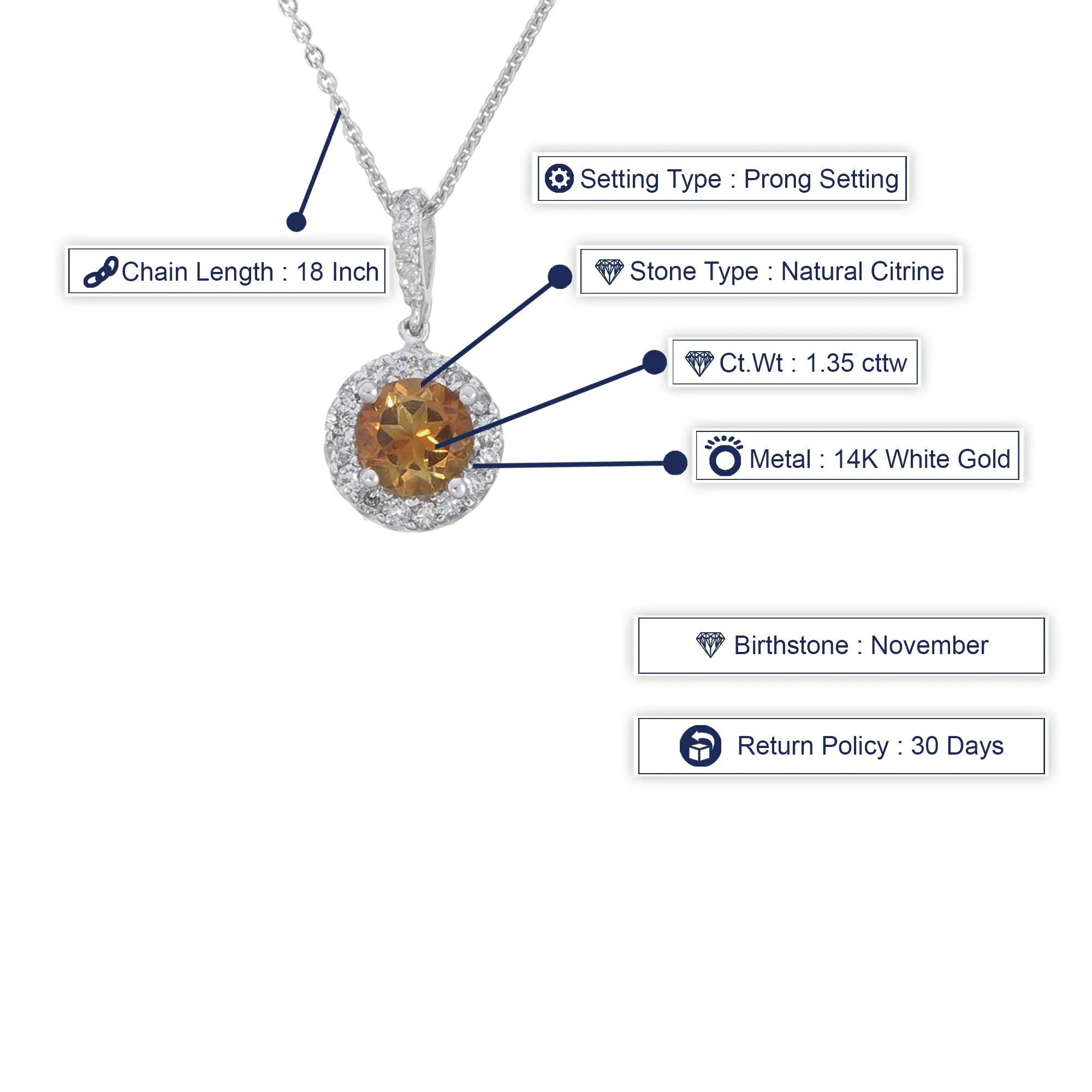 1.35 cttw Diamond Pendant, Citrine and Diamond Halo Pendant Necklace for Women in 14K White Gold with 18 Inch Chain, Prong Setting