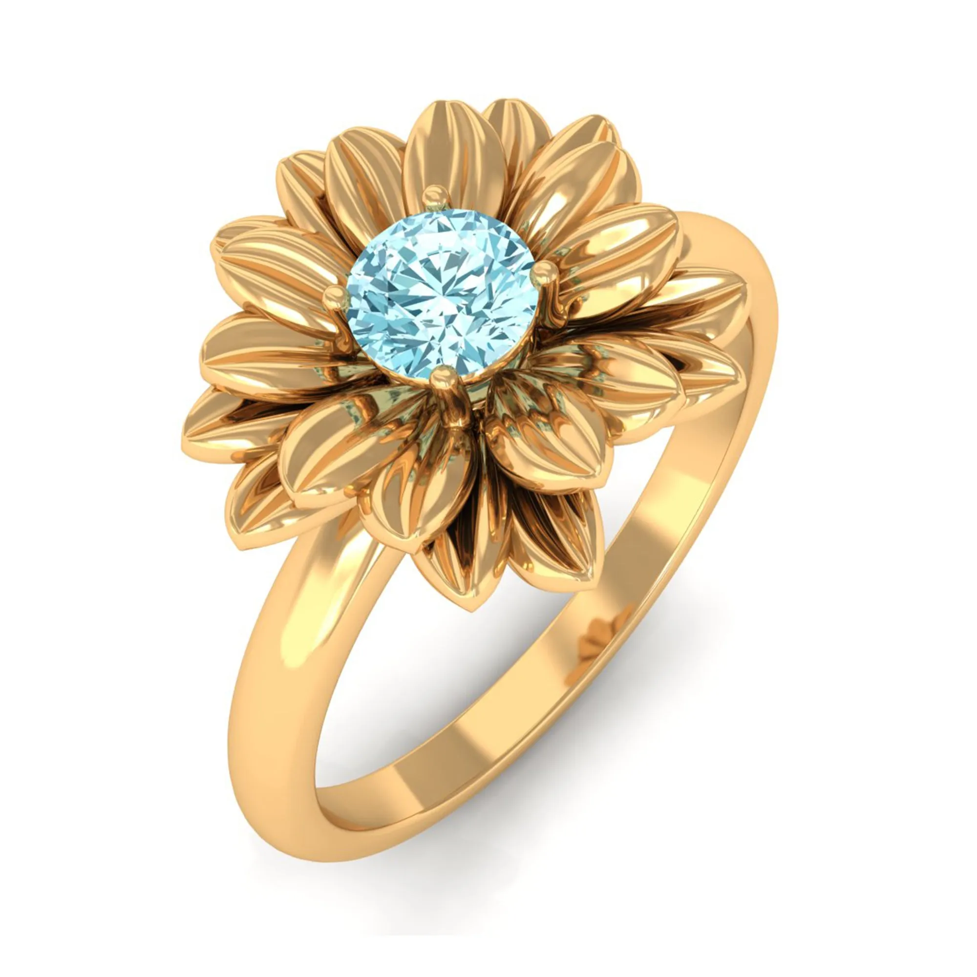 1/4 CT Round Cut Real Aquamarine and Gold Flower Ring