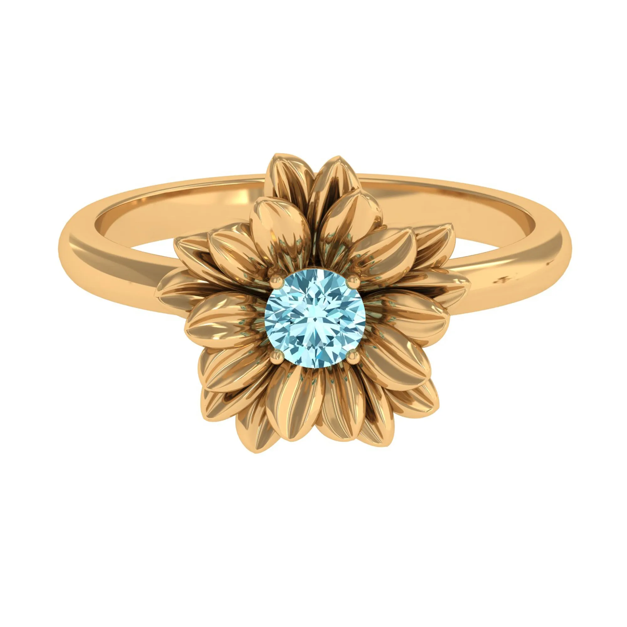 1/4 CT Round Cut Real Aquamarine and Gold Flower Ring