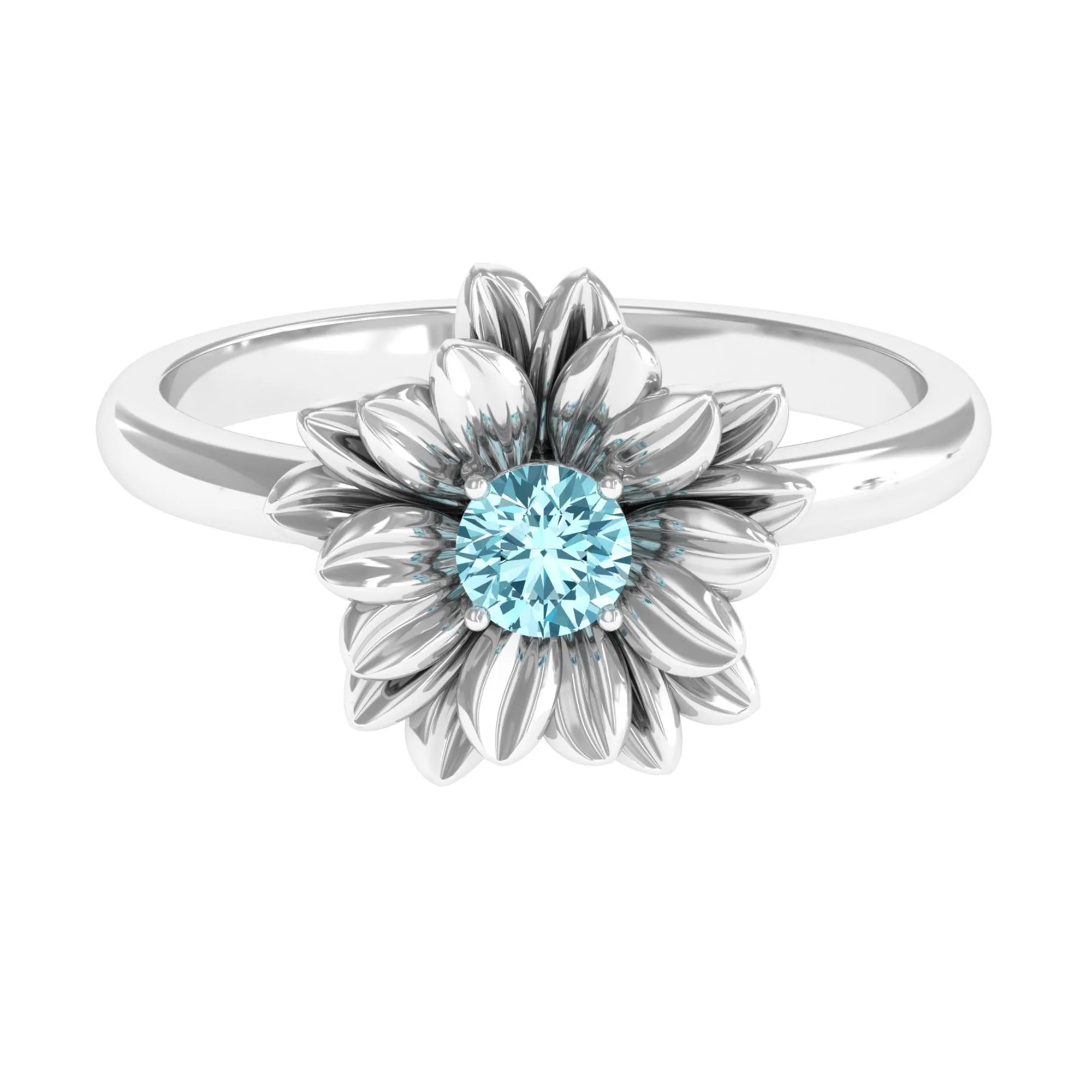 1/4 CT Round Cut Real Aquamarine and Gold Flower Ring