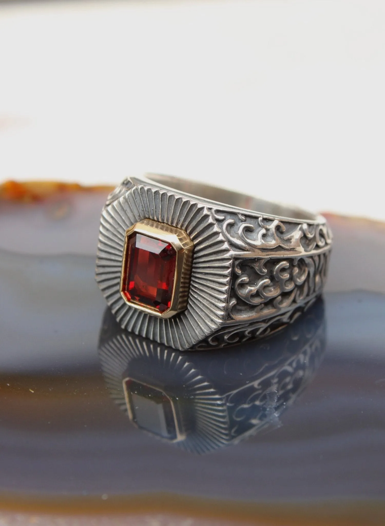 14K Deco Red Garnet Silver Signet Ring