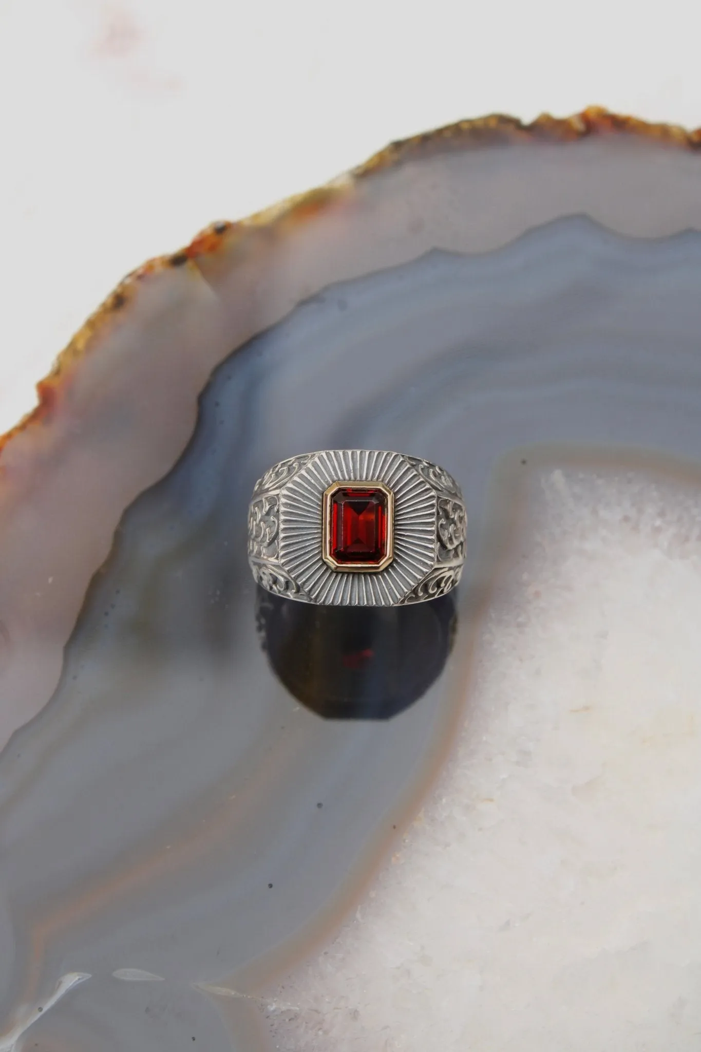 14K Deco Red Garnet Silver Signet Ring