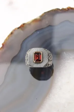 14K Deco Red Garnet Silver Signet Ring