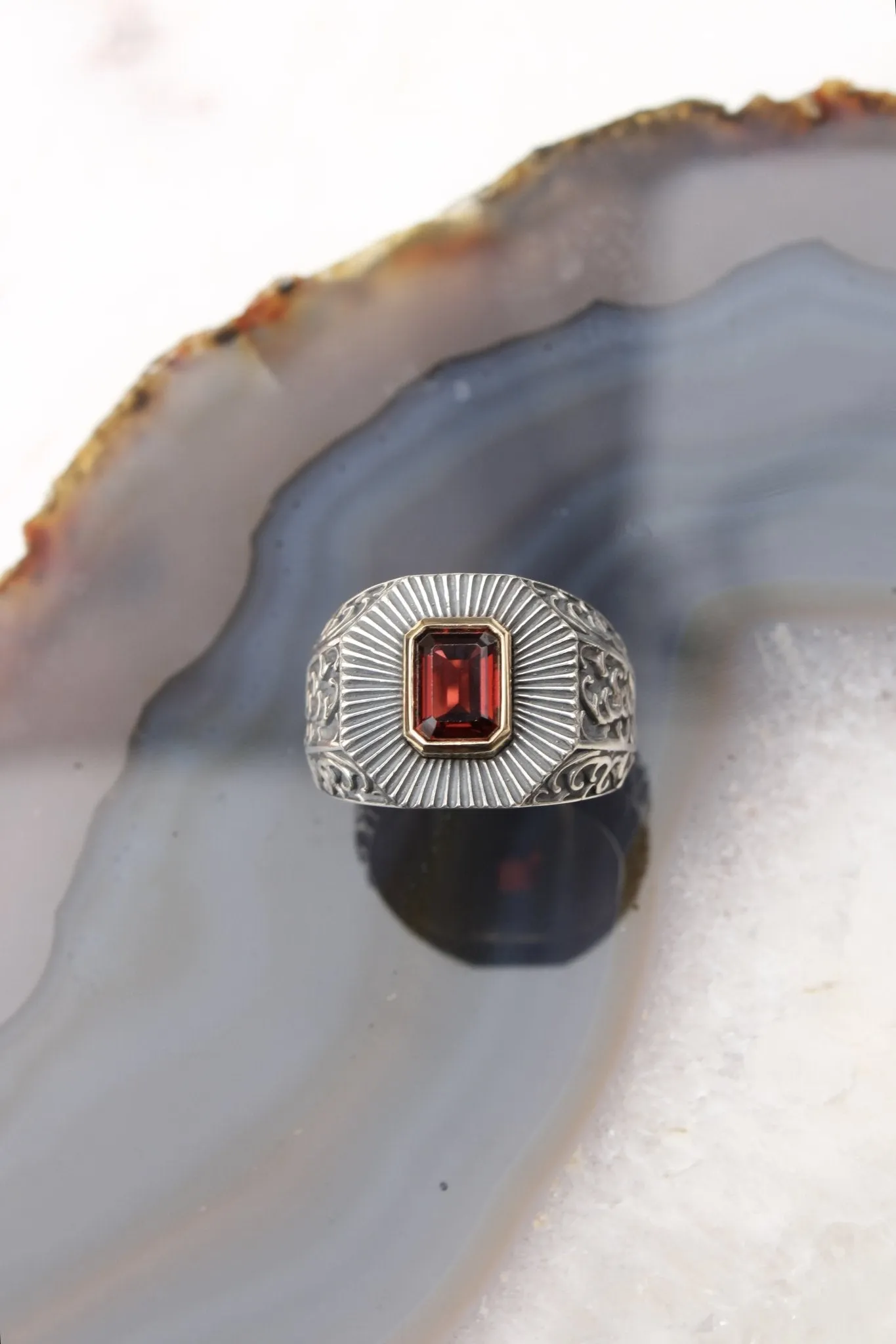 14K Deco Red Garnet Silver Signet Ring