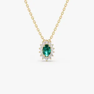 14k Emerald Necklace with Halo Diamonds