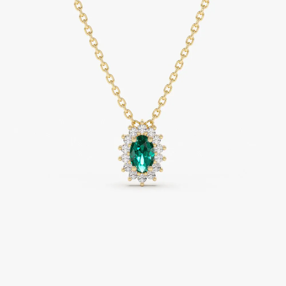 14k Emerald Necklace with Halo Diamonds