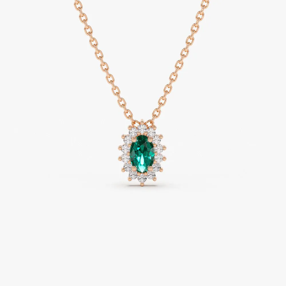 14k Emerald Necklace with Halo Diamonds