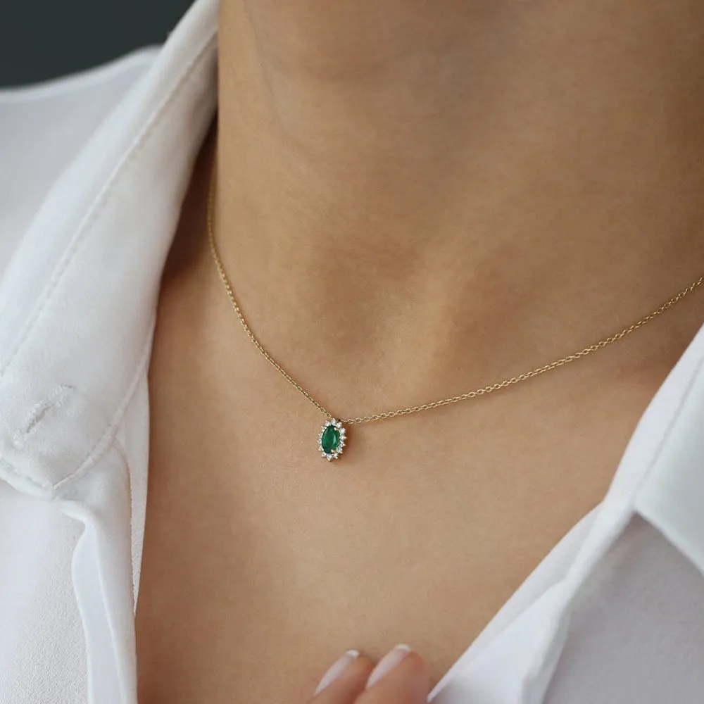 14k Emerald Necklace with Halo Diamonds