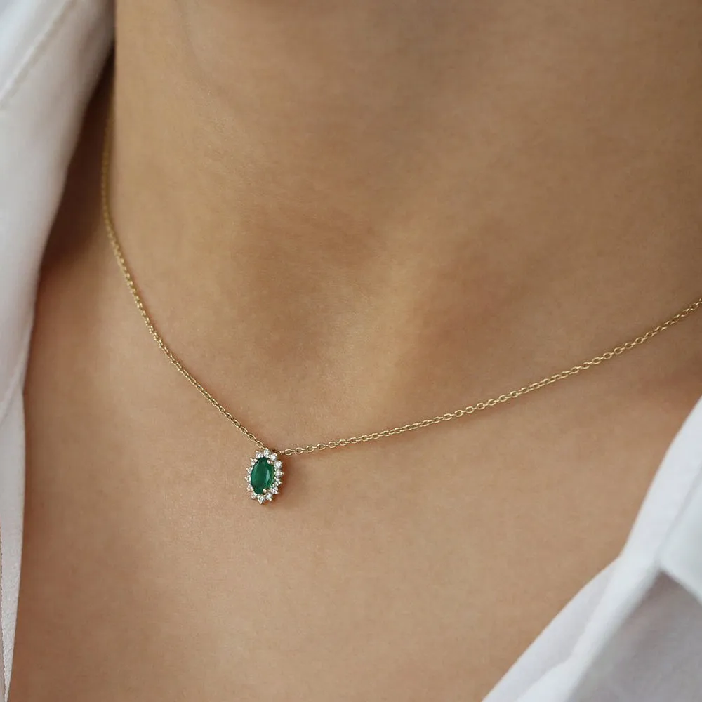 14k Emerald Necklace with Halo Diamonds