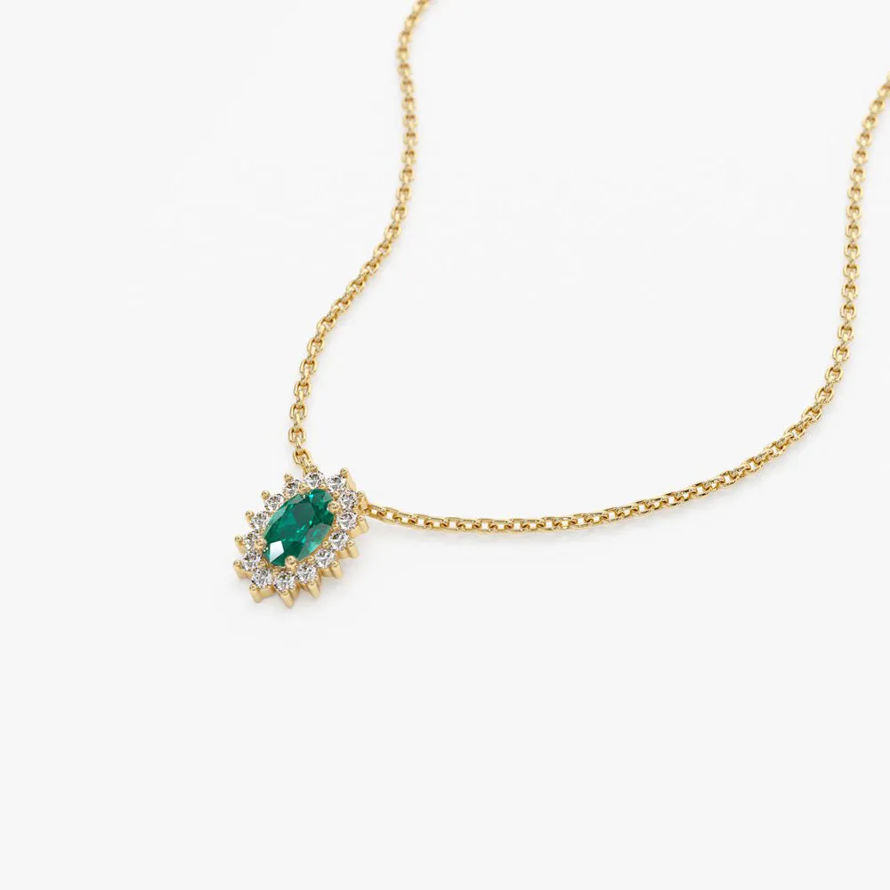 14k Emerald Necklace with Halo Diamonds