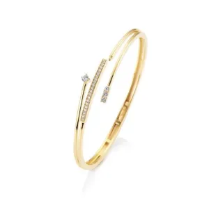 14k Gold Pave & Prong Set Diamond Triple Row Bangle Bracelet