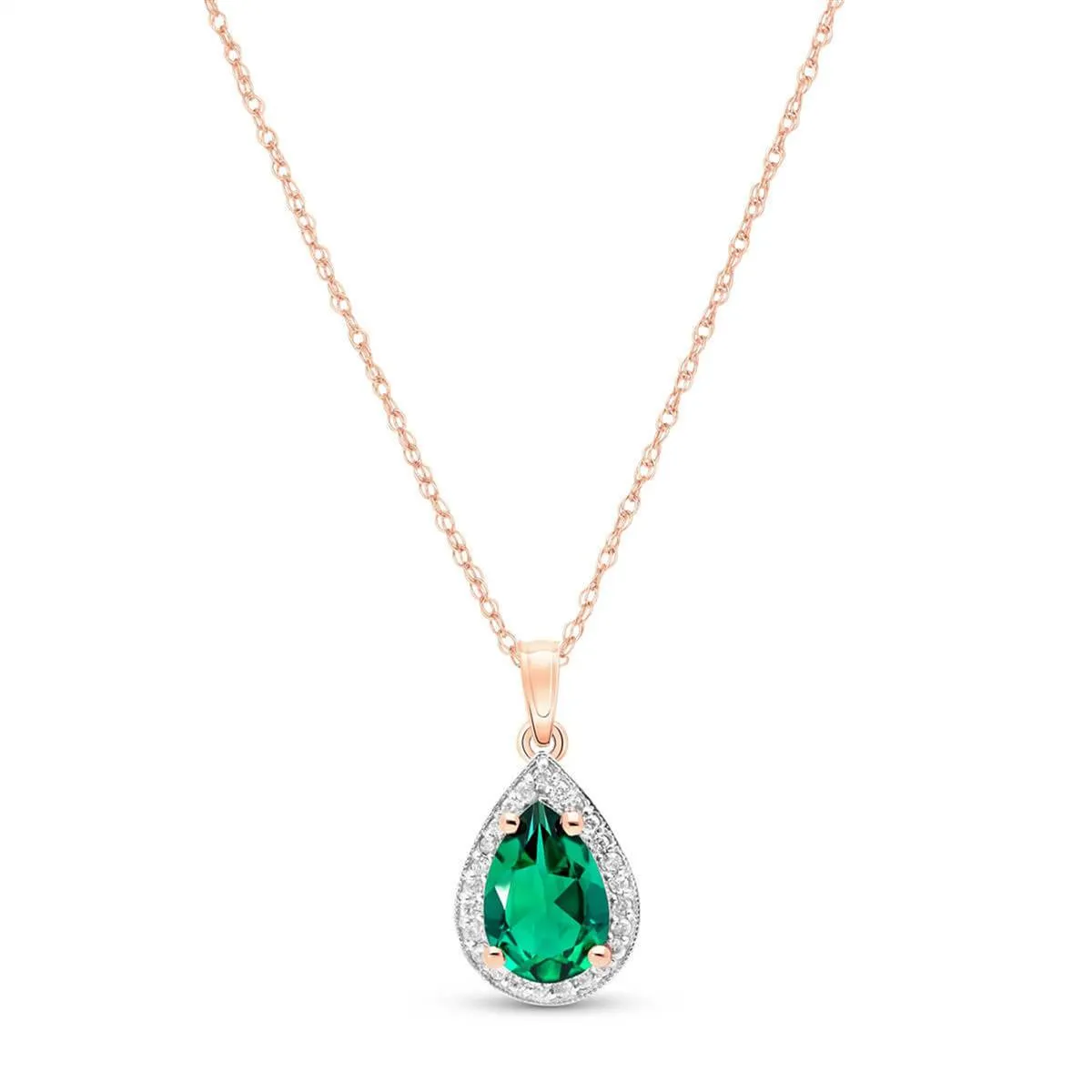 14K Solid Rose Gold Necklace With Natural Diamonds & Genuine Emerald 1.58 ctw High Polished Brilliant Cut - Grade AAA