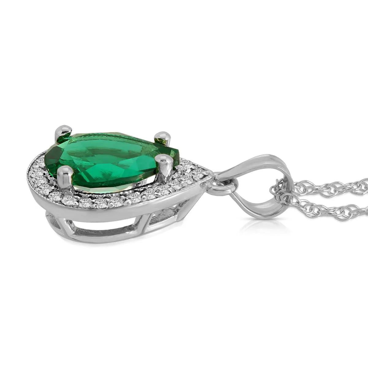 14K Solid White Gold Necklace With Natural Diamonds & Genuine Emerald 3.16 ctw High Polished Brilliant Cut - Grade AAA