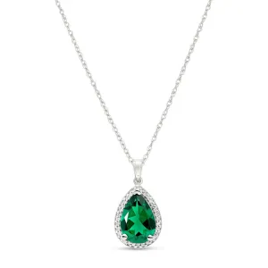 14K Solid White Gold Necklace With Natural Diamonds & Genuine Emerald 3.16 ctw High Polished Brilliant Cut - Grade AAA