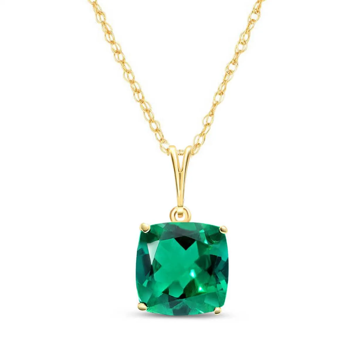 14K Solid Yellow  Gold Necklace With Cushion Shape 3.10 ctw High Polished Genuine Emerald - Grade AAA