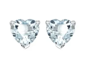 14k White Gold Plated 1 Carat Heart Created Aquamarine  Sapphire Stud Earrings