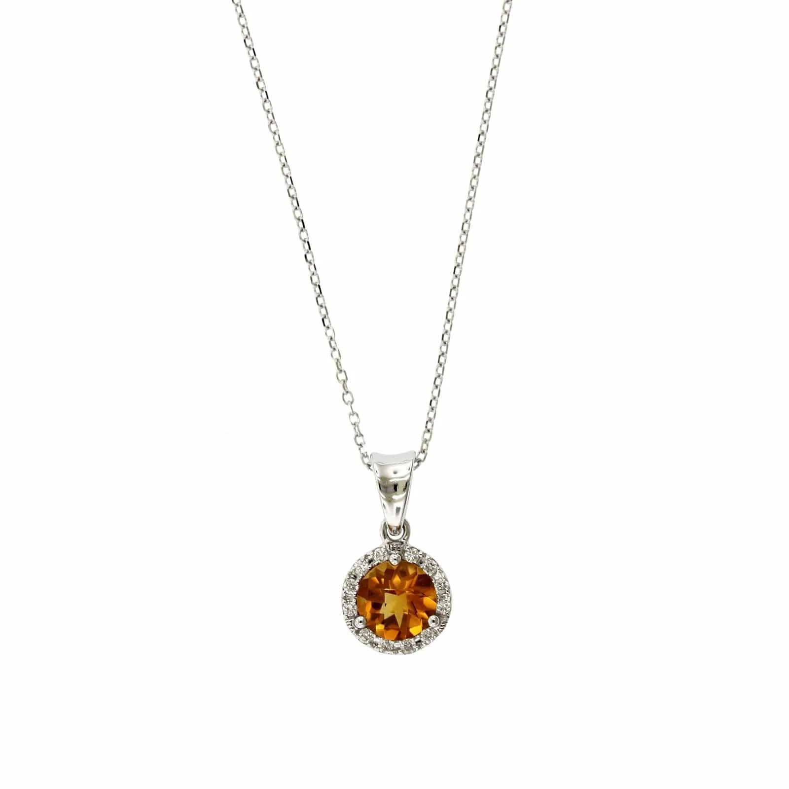 14K White Gold Round Citrine Diamond Halo Necklace