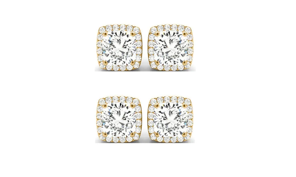 14k Yellow Gold 4Ct Cushion Cut White Sapphire Set Of Two Halo Stud Earrings Plated