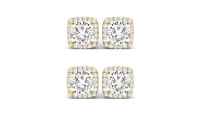 14k Yellow Gold 4Ct Cushion Cut White Sapphire Set Of Two Halo Stud Earrings Plated