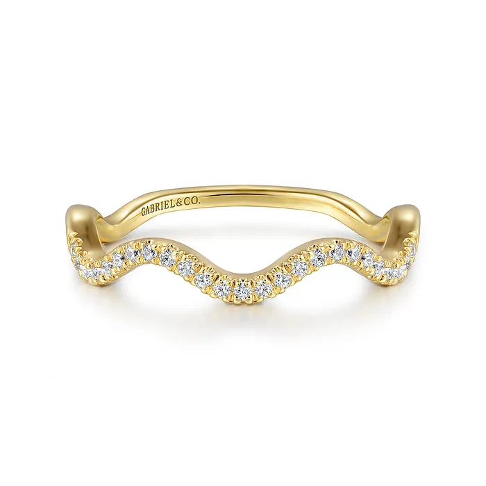 14K Yellow Gold Diamond Wave Stackable Ladies Ring