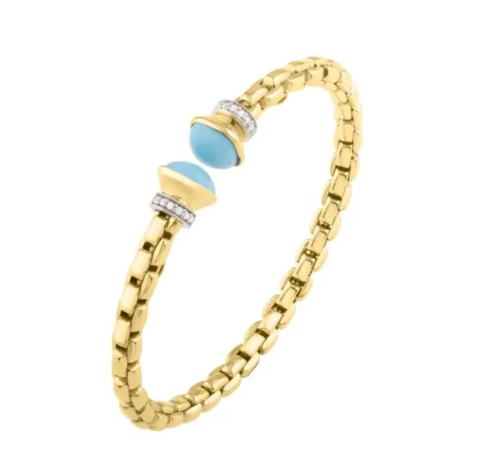 14k Yellow Gold Turquoise & Diamond Venetian Link Flex Bangle (I9047)