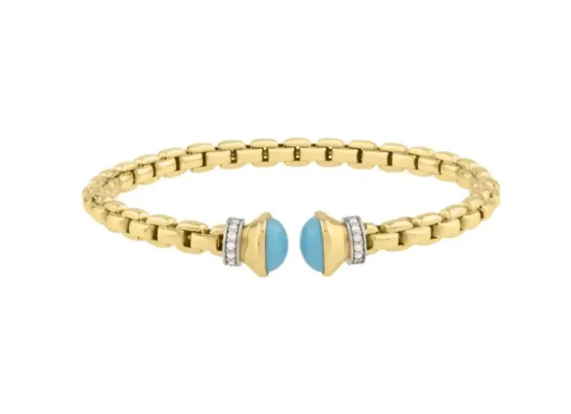 14k Yellow Gold Turquoise & Diamond Venetian Link Flex Bangle (I9047)