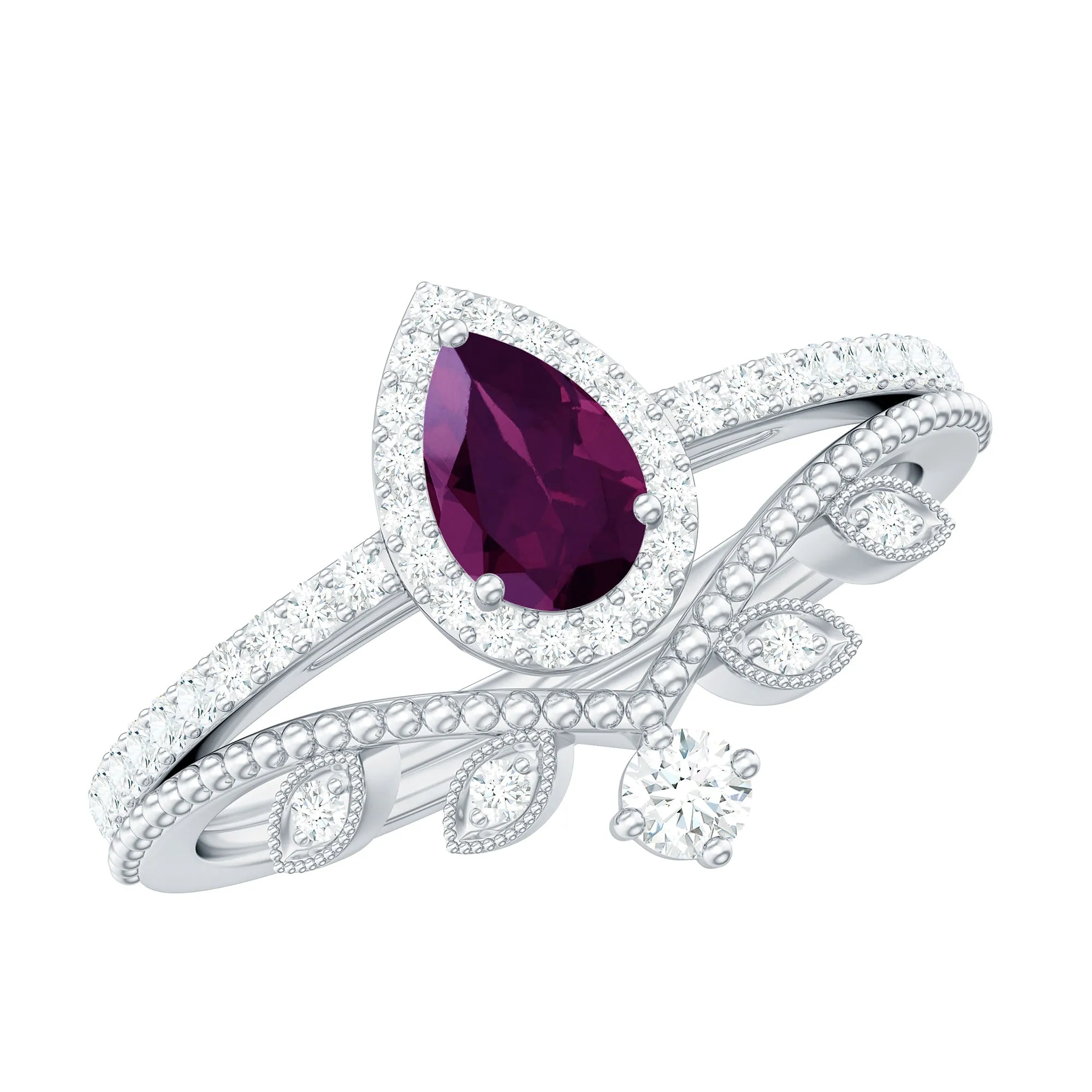 1.5 CT Vintage Inspired Rhodolite Teardrop Wedding Ring Set with Diamond