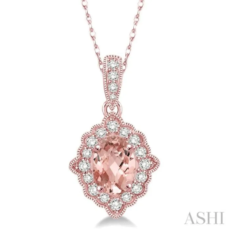 1/6 Ctw Round Cut Diamond and Ethnic Oval Cut 6x4mm Morganite Semi Precious Pendant in 10K Rose Gold with chain