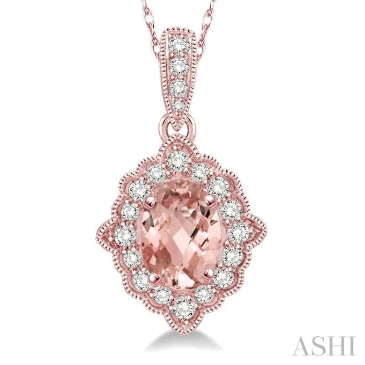 1/6 Ctw Round Cut Diamond and Ethnic Oval Cut 6x4mm Morganite Semi Precious Pendant in 10K Rose Gold with chain