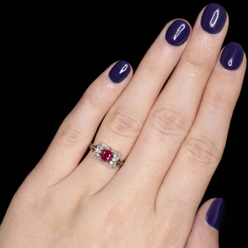 1.71ct RUBY DIAMOND PLATINUM COCKTAIL RING VINTAGE ESTATE ROUND NATURAL ROUND