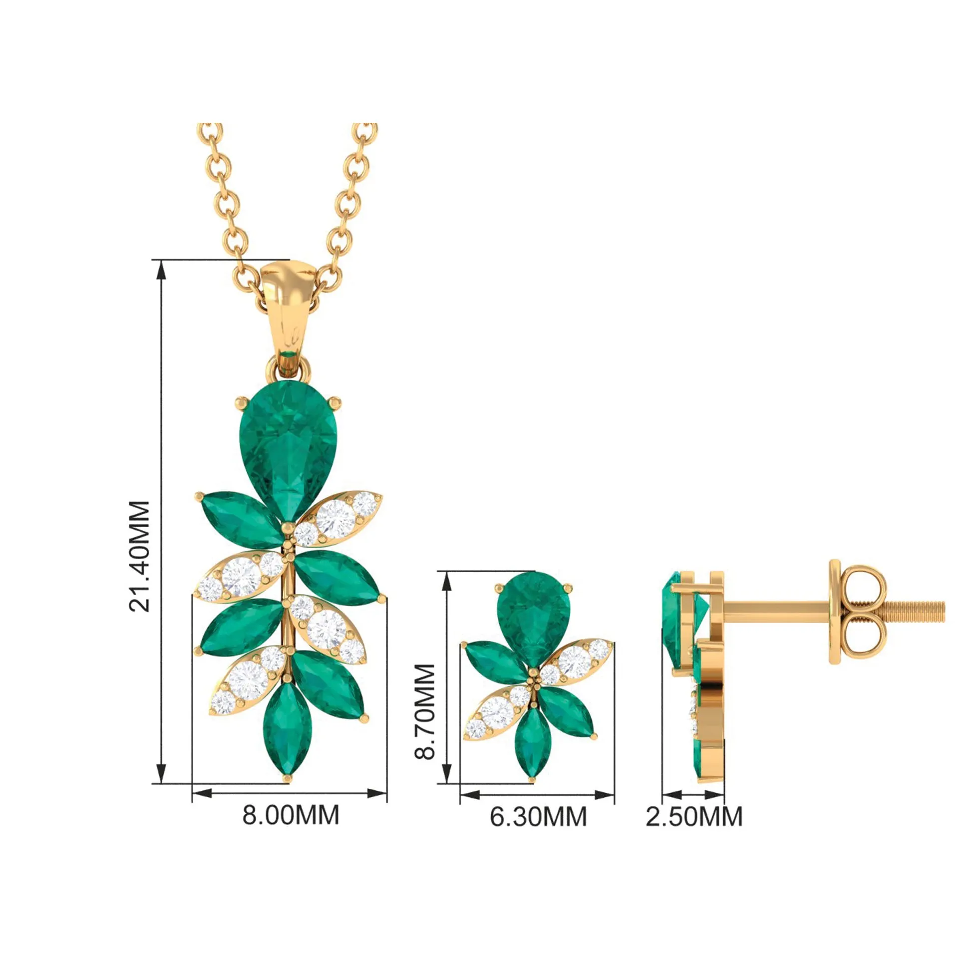 1.75 CT Nature Inspired Emerald and Diamond Dangle jewelry Set