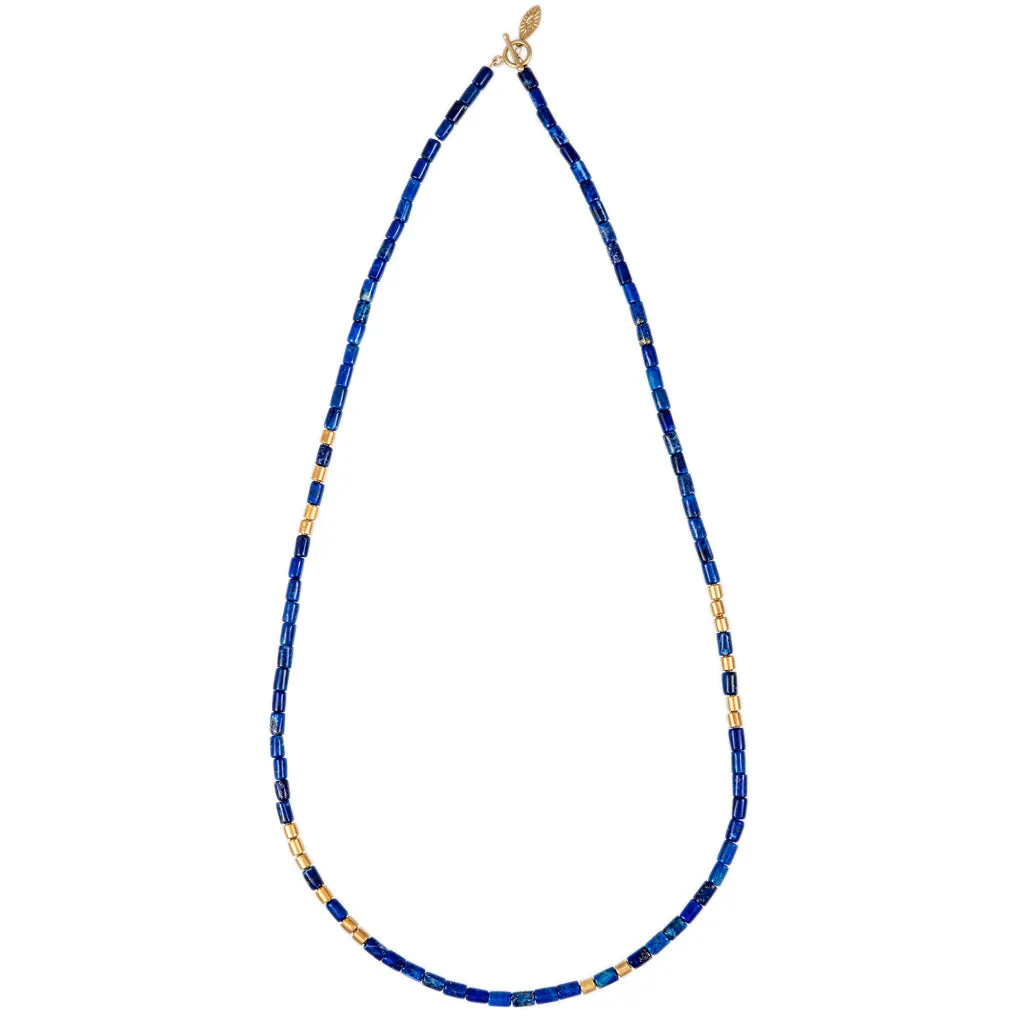 18 GOLD BEADS   LAPIS TUBE BEADED NECKLACE