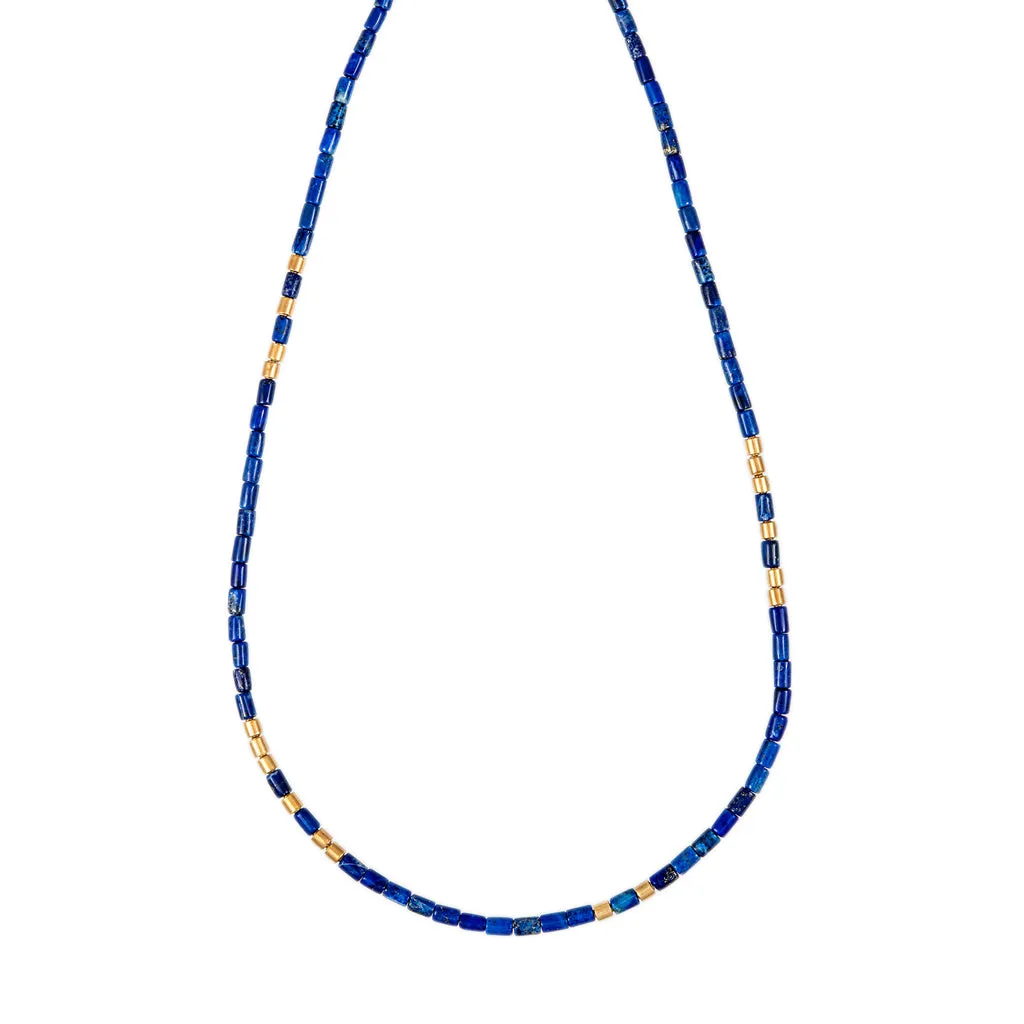 18 GOLD BEADS   LAPIS TUBE BEADED NECKLACE