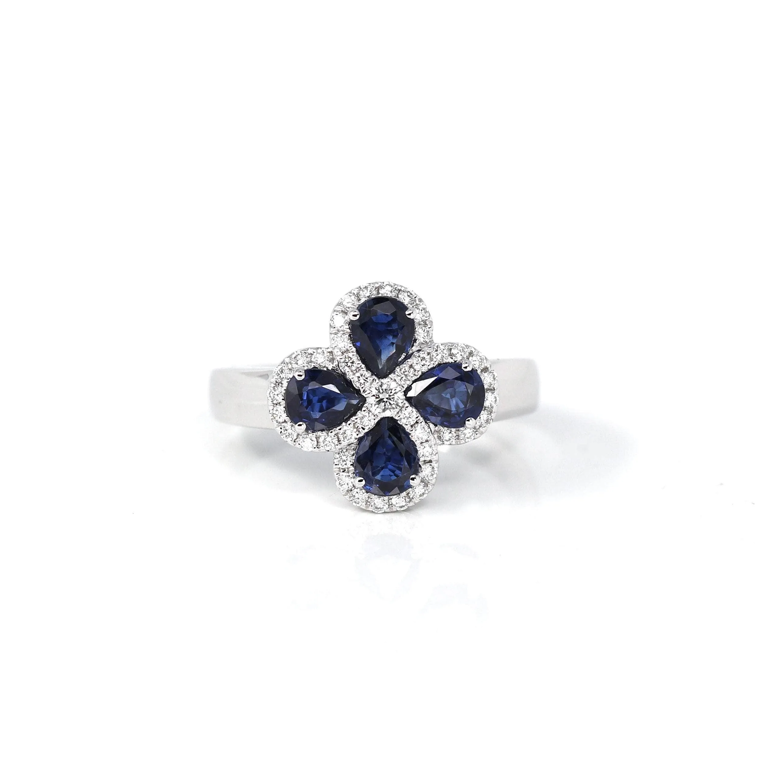 18k White Gold Natural Four Tear Drop Blue Sapphire Ring with Diamonds