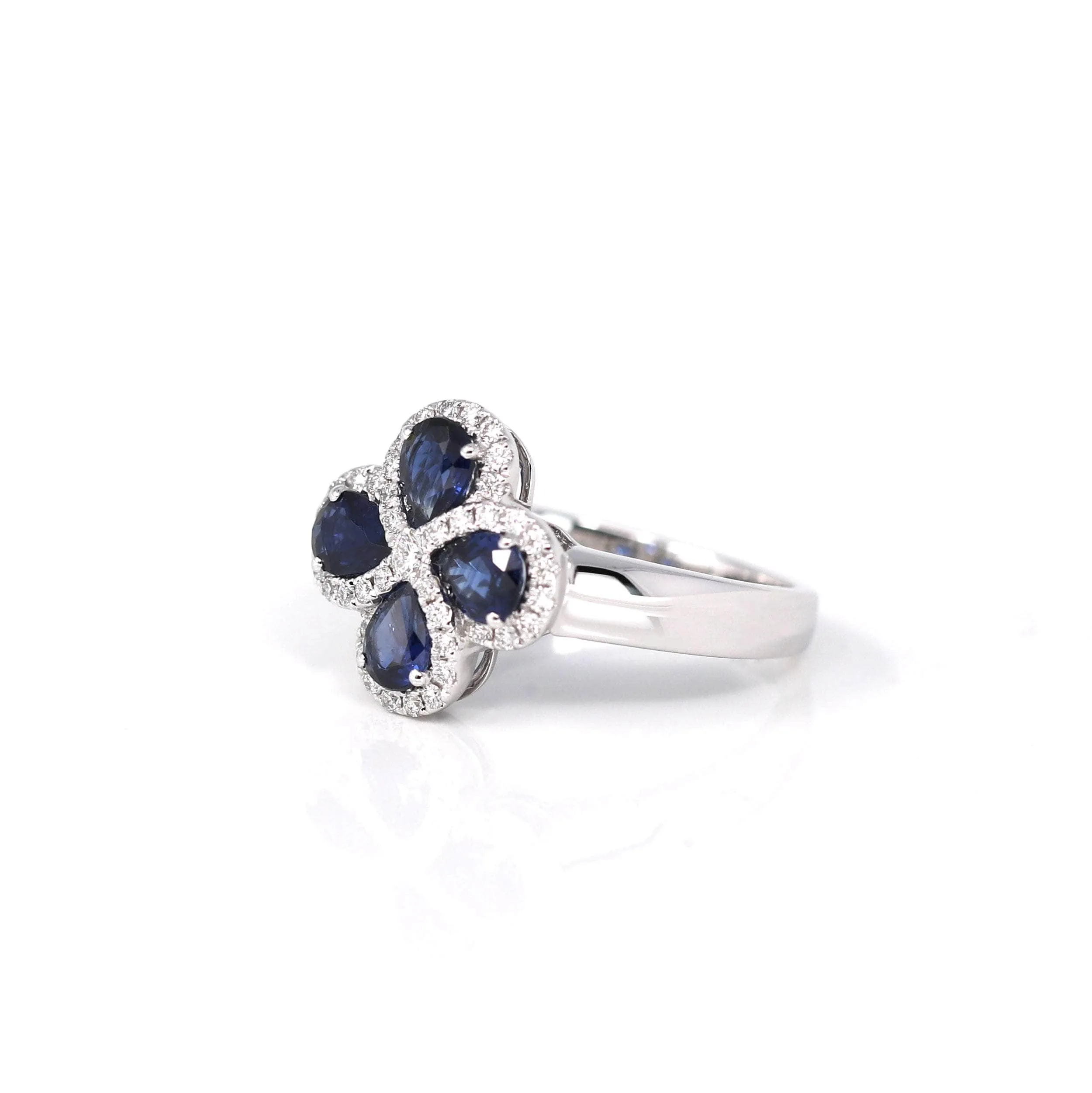 18k White Gold Natural Four Tear Drop Blue Sapphire Ring with Diamonds