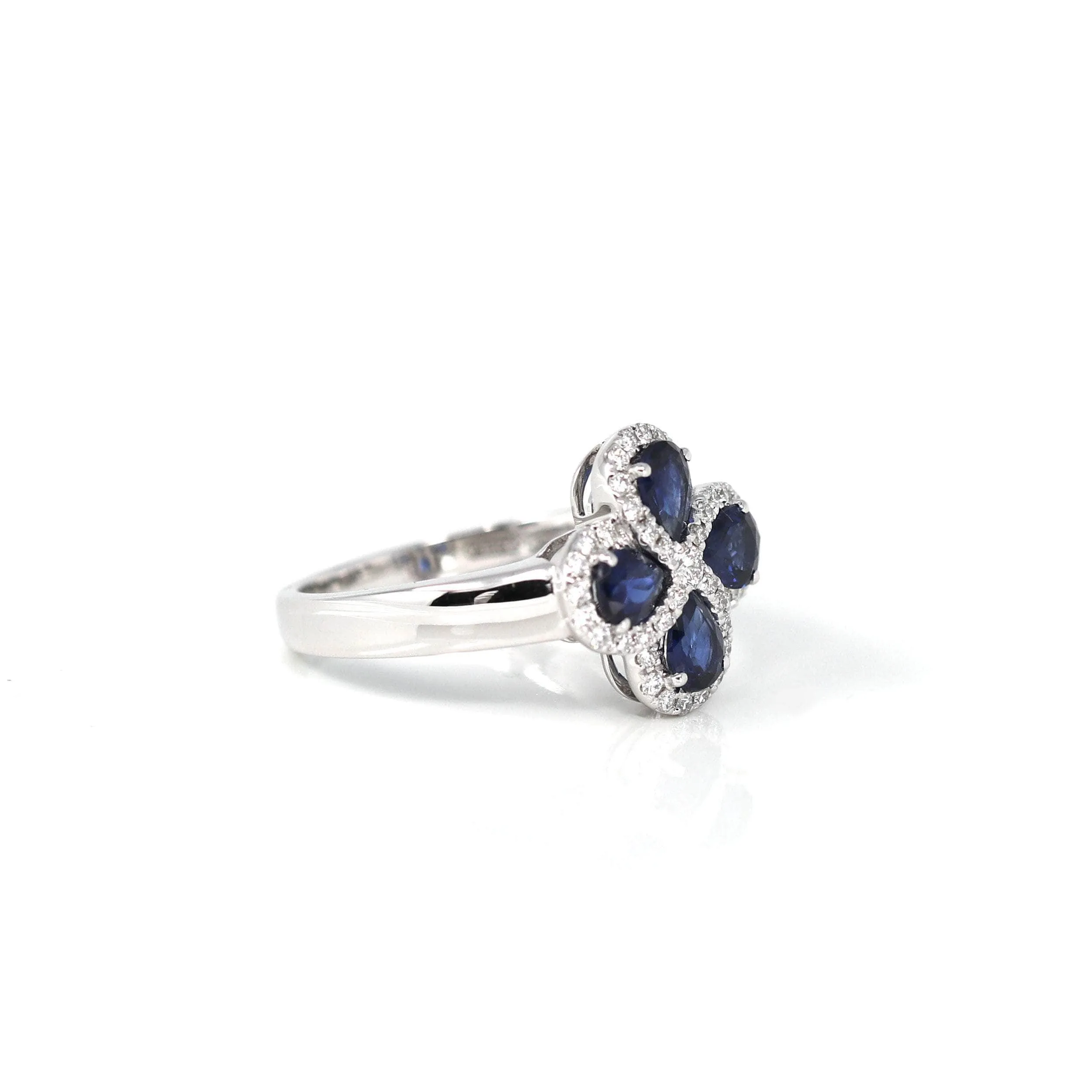 18k White Gold Natural Four Tear Drop Blue Sapphire Ring with Diamonds