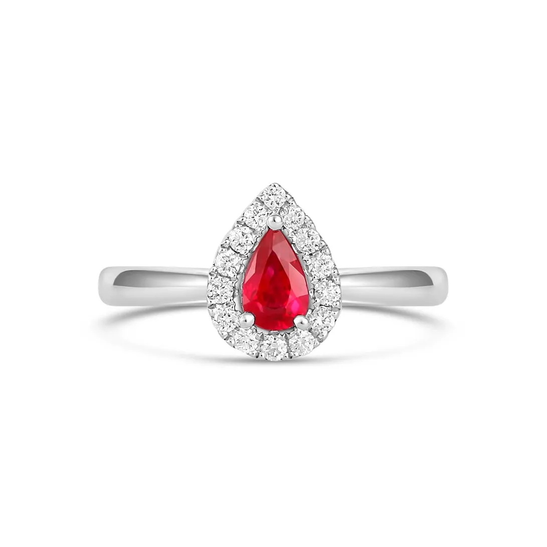 18K White Gold Pear Cut Ruby with Diamond Halo Ring