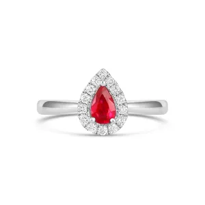 18K White Gold Pear Cut Ruby with Diamond Halo Ring