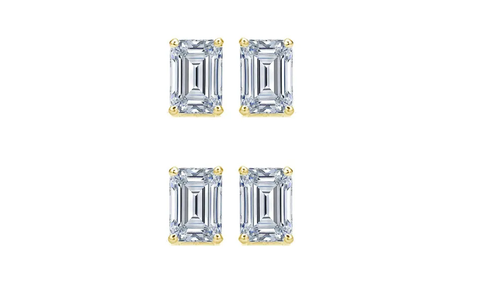 18k Yellow Gold 4mm 1Ct Emerald Cut White Sapphire Set Of Two Stud Earrings Plated