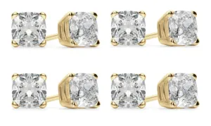 18k Yellow Gold 6mm 2Ct Cushion Cut White Sapphire Set Of Four Stud Earrings Plated