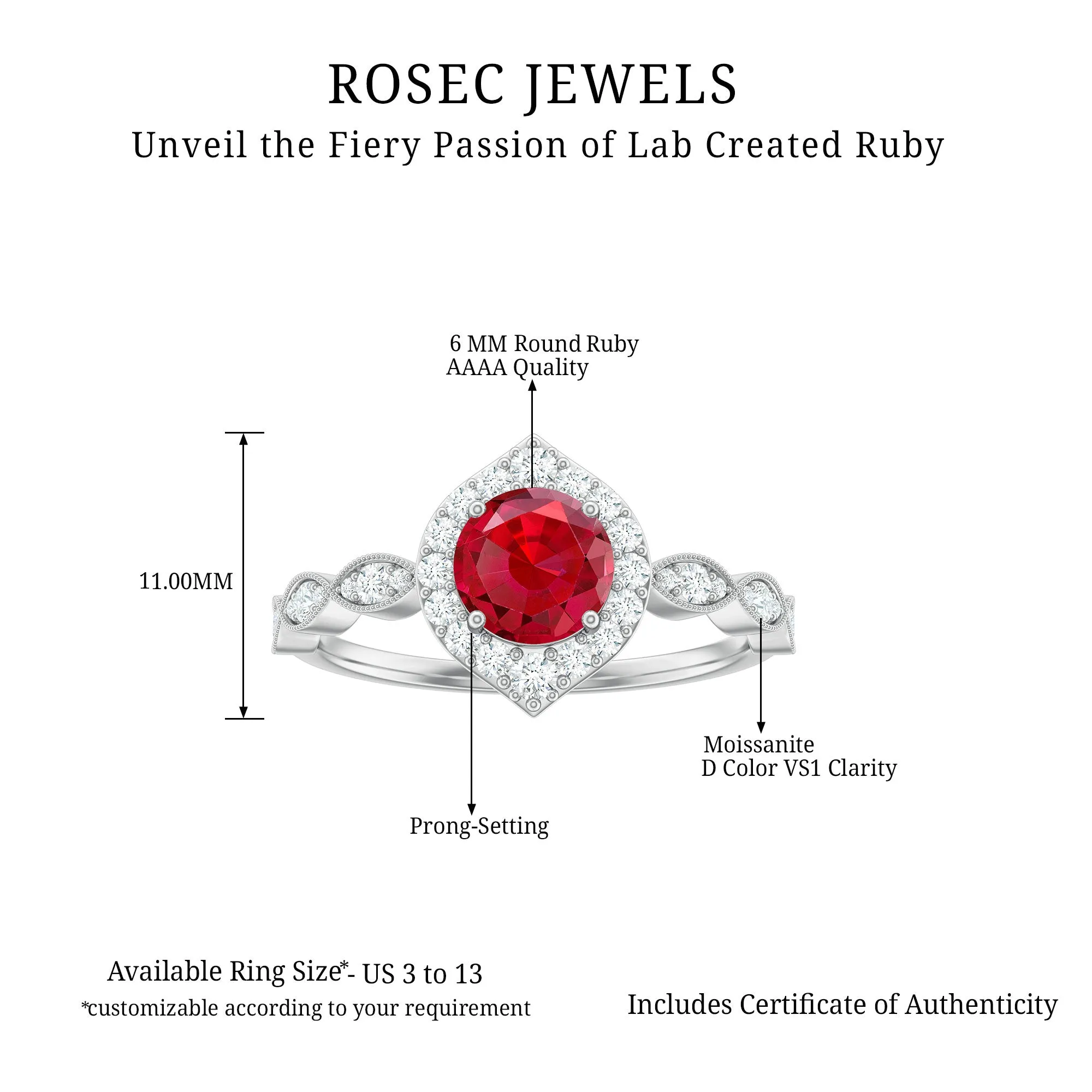 2 CT Vintage Style Created Ruby Engagement Ring with Moissanite