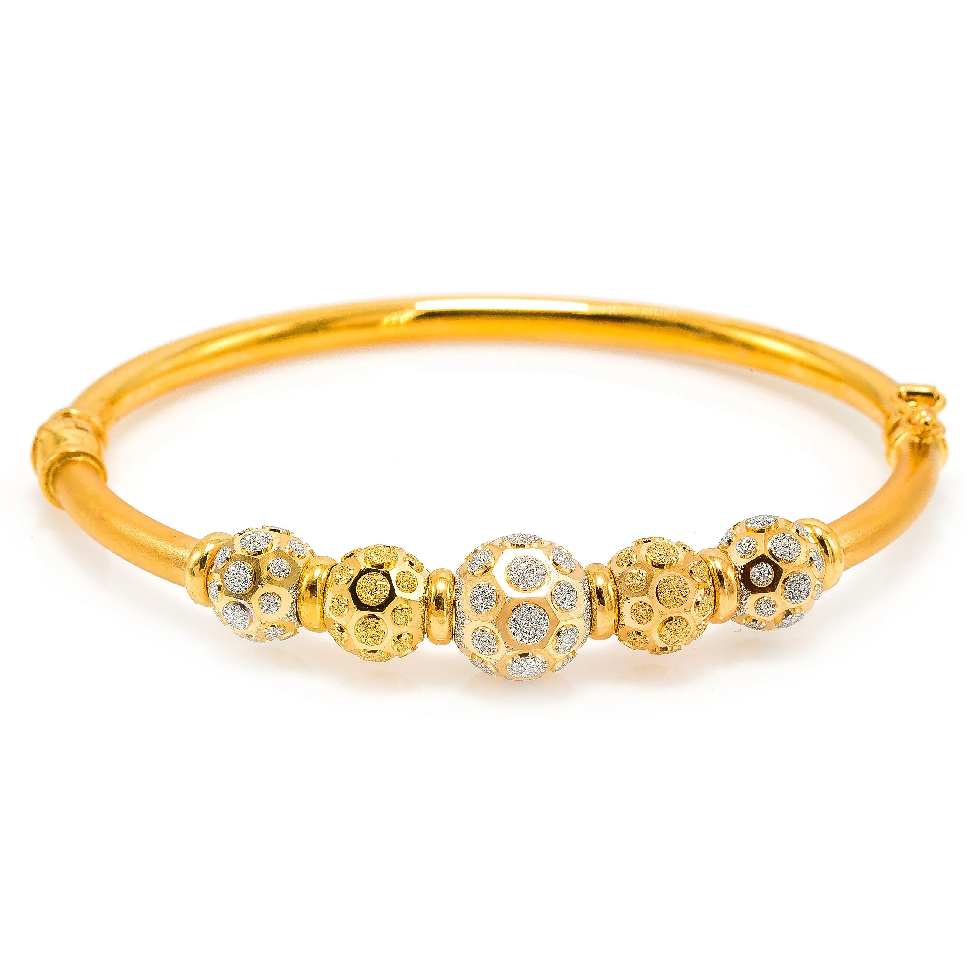 22K Multi Tone Gold Bangle W/ Yellow & White Gold Circular Glass Blast Details on 5 Accent Balls