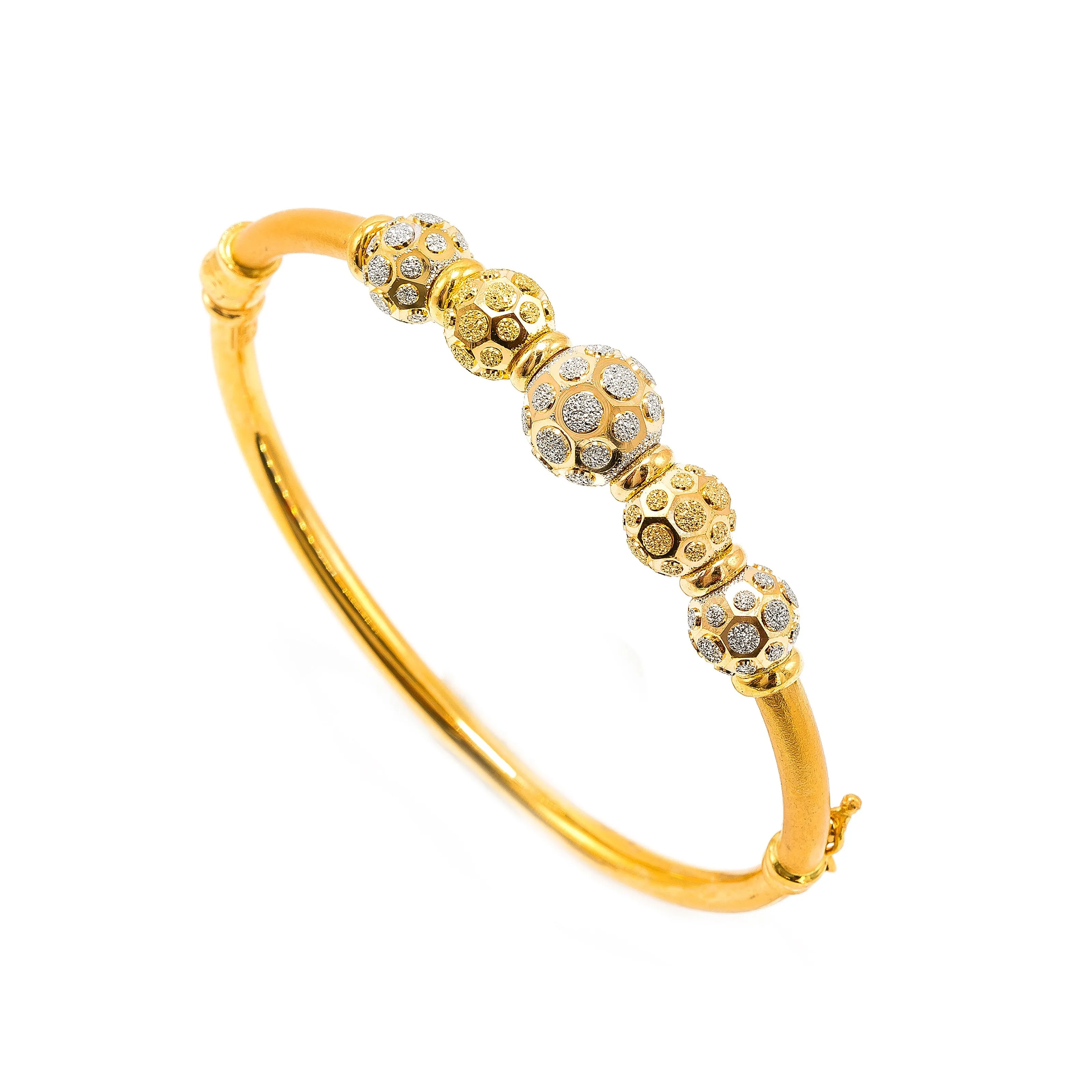 22K Multi Tone Gold Bangle W/ Yellow & White Gold Circular Glass Blast Details on 5 Accent Balls