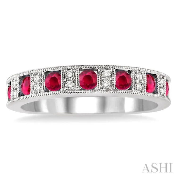 2.5 mm Round Cut Ruby and 1/10 Ctw Round Cut Diamond Band in 14K White Gold