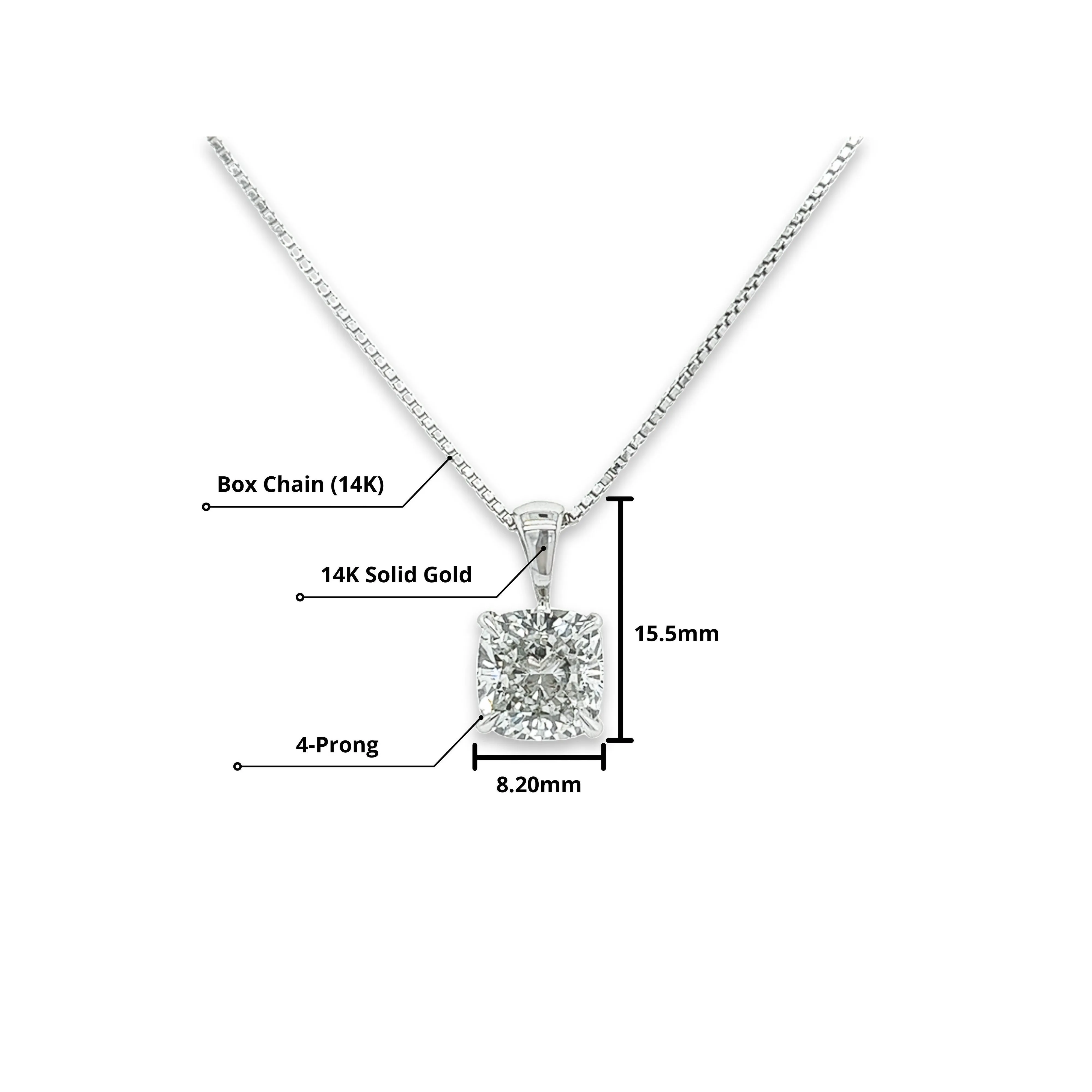 3 Carat Cushion Cut Lab Grown Diamond Solitaire Single Pendant in 14K